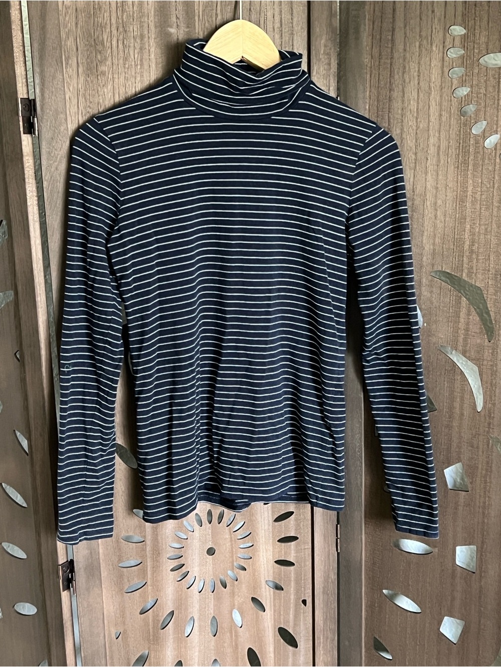 Banana Republic Navy and White Striped Long-Sleeve Turtleneck